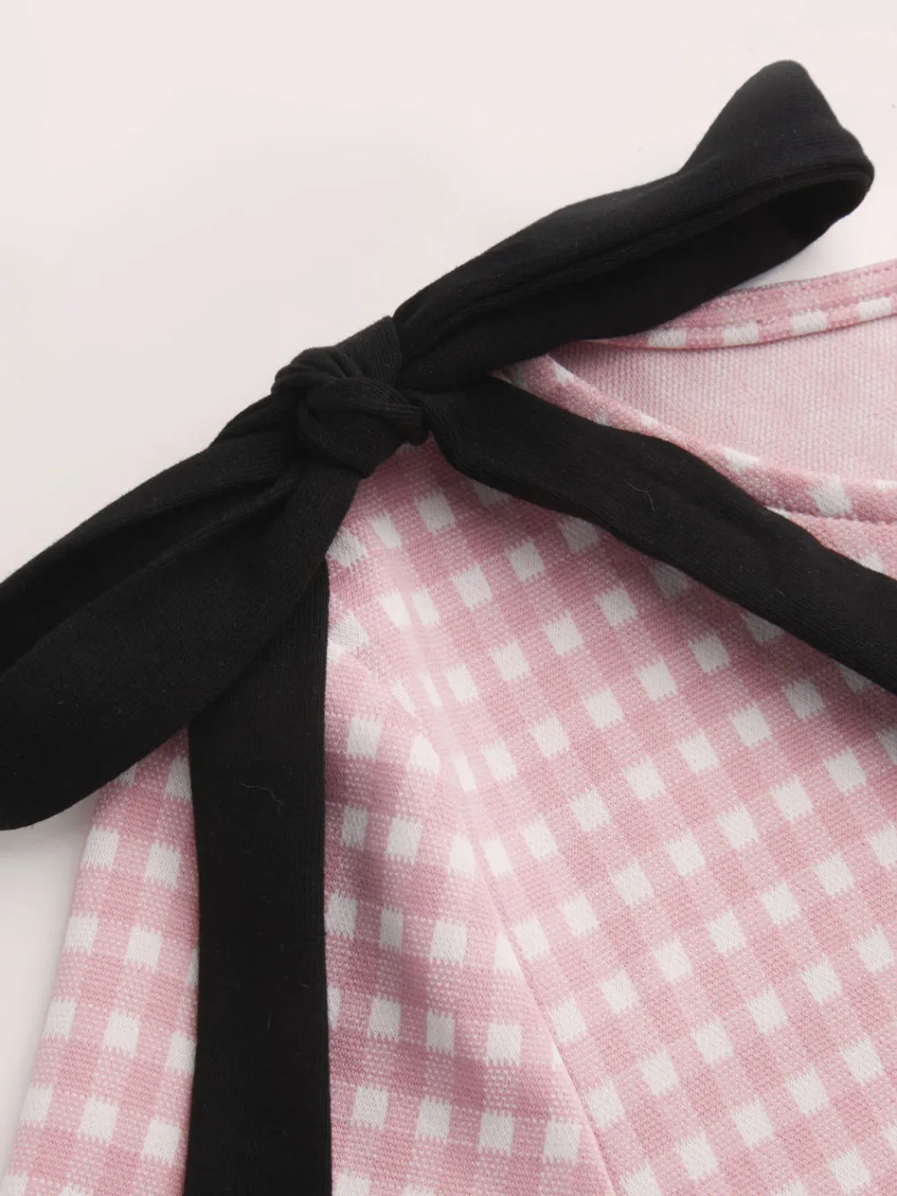 Boat Neck Gingham Bowknot Ruched Long Sleeve Top