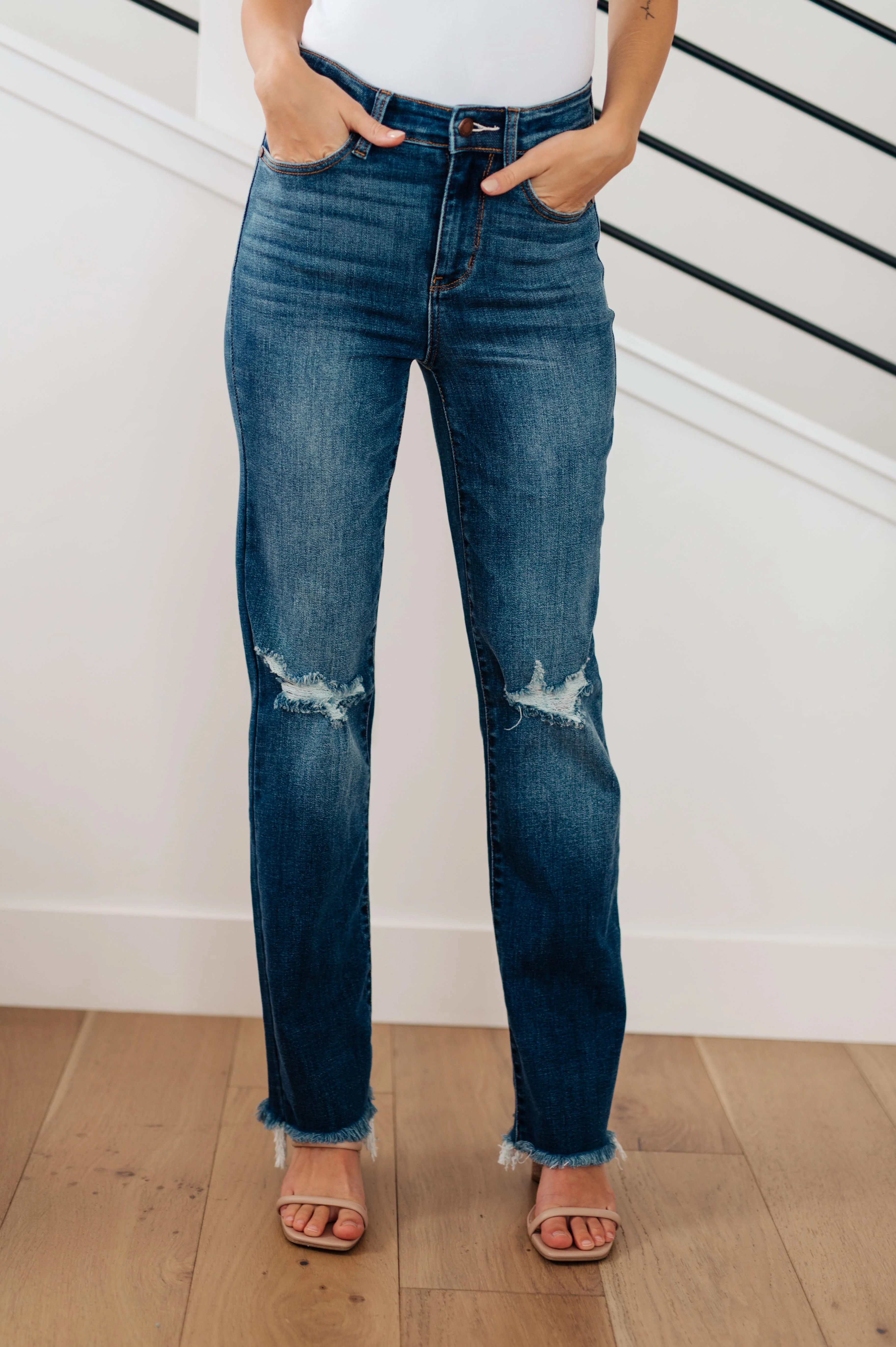 Blue Morgan High Rise Distressed Straight Jeans