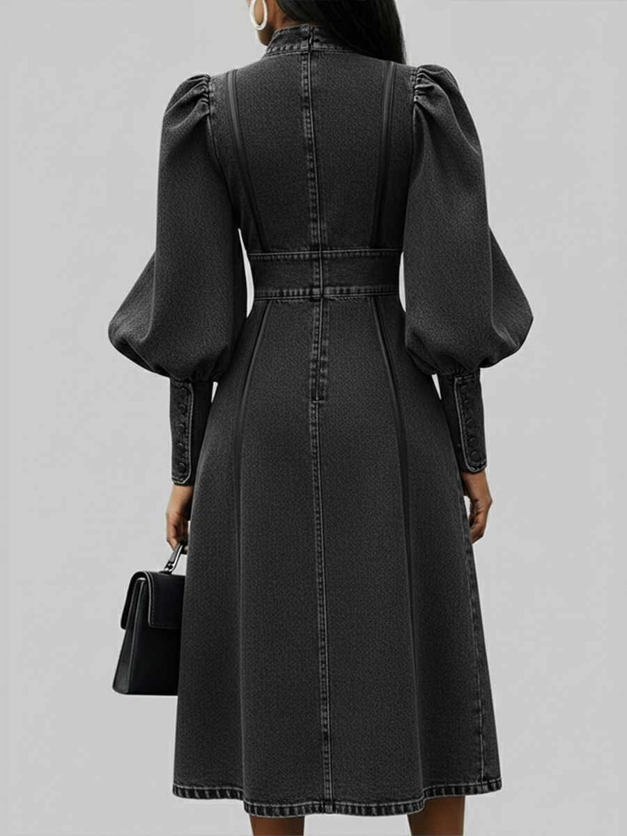 Fashionable Patchwork Leather Lantern Sleeve Denim Dress