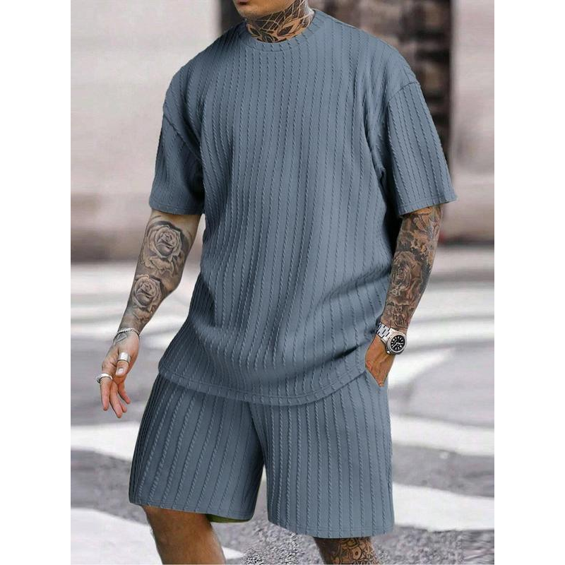 Men's Two-Piece Set: Drop Shoulder Tee & Drawstring Shorts