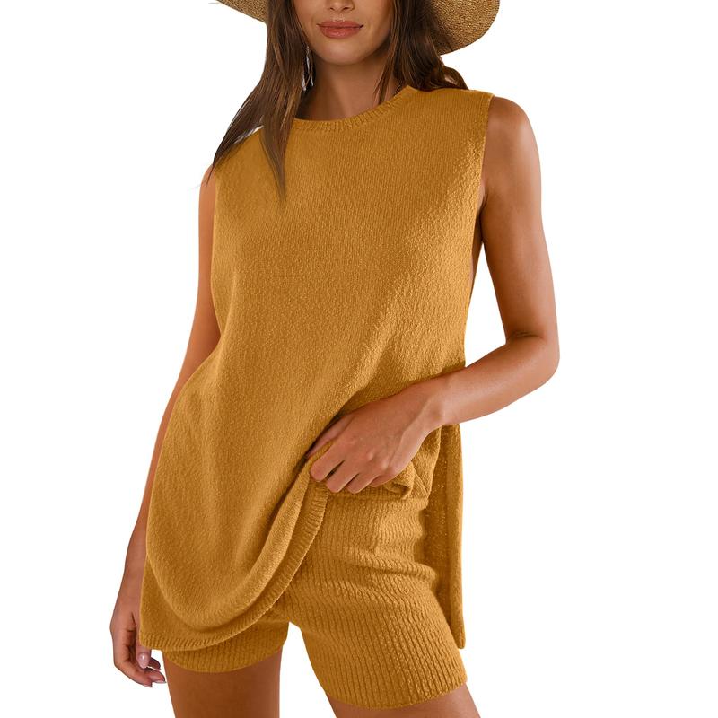 Women’s 2-Piece Summer Knit Sweater Set – Sleeveless Tunic Top & Matching Shorts, Casual Beach Lounge Outfit