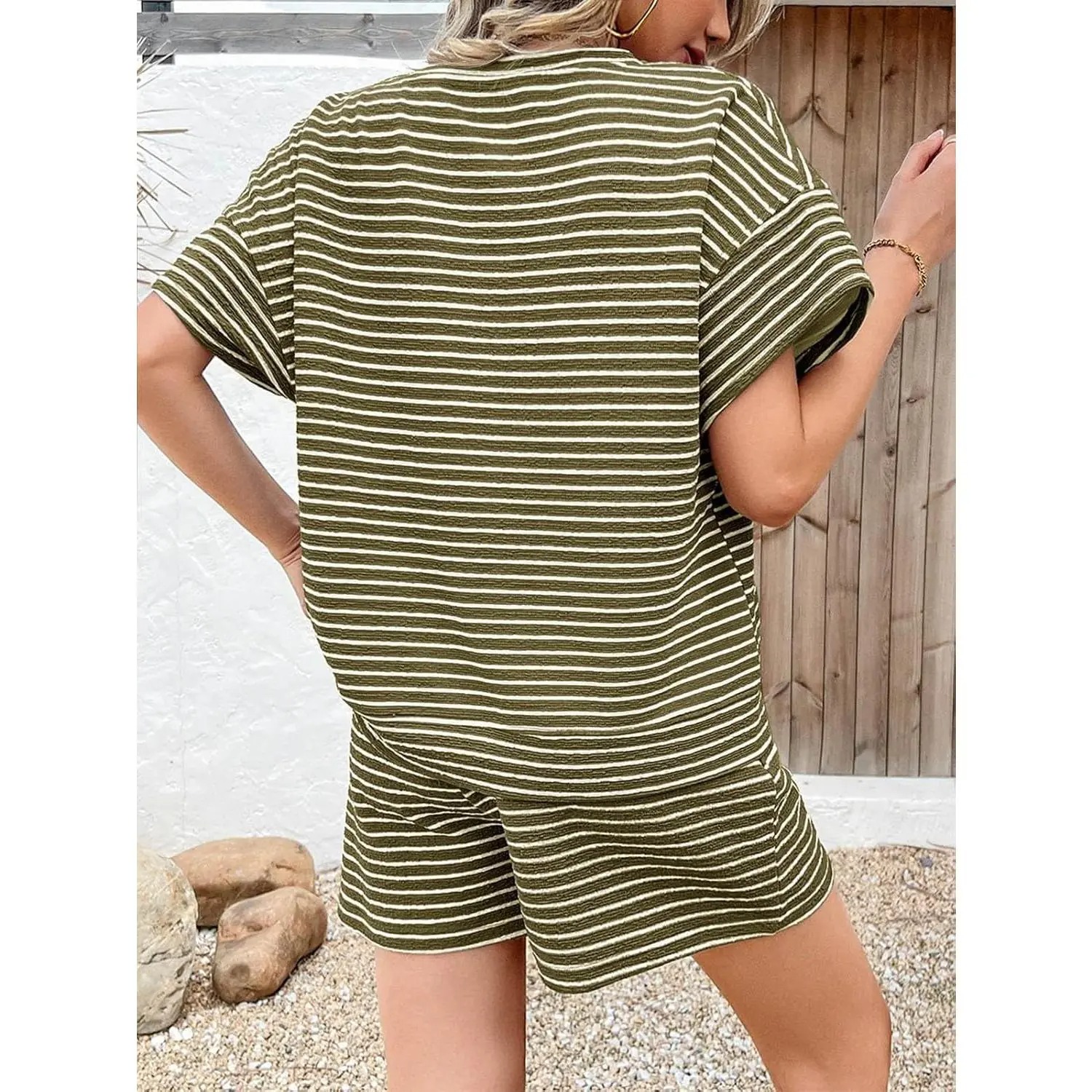 Womens Striped 2 Piece Lounge Sets Short Sleeve Oversized T Shirts Drawstring Shorts Matching Set
