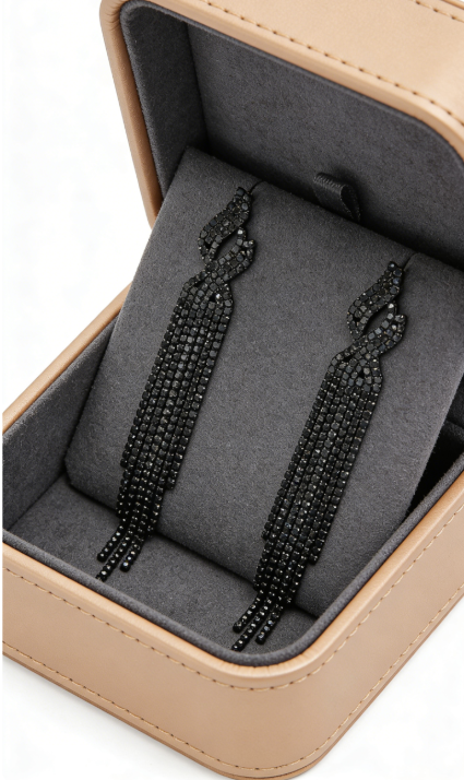 Dunya Black Rhinestone Tassel Earrings