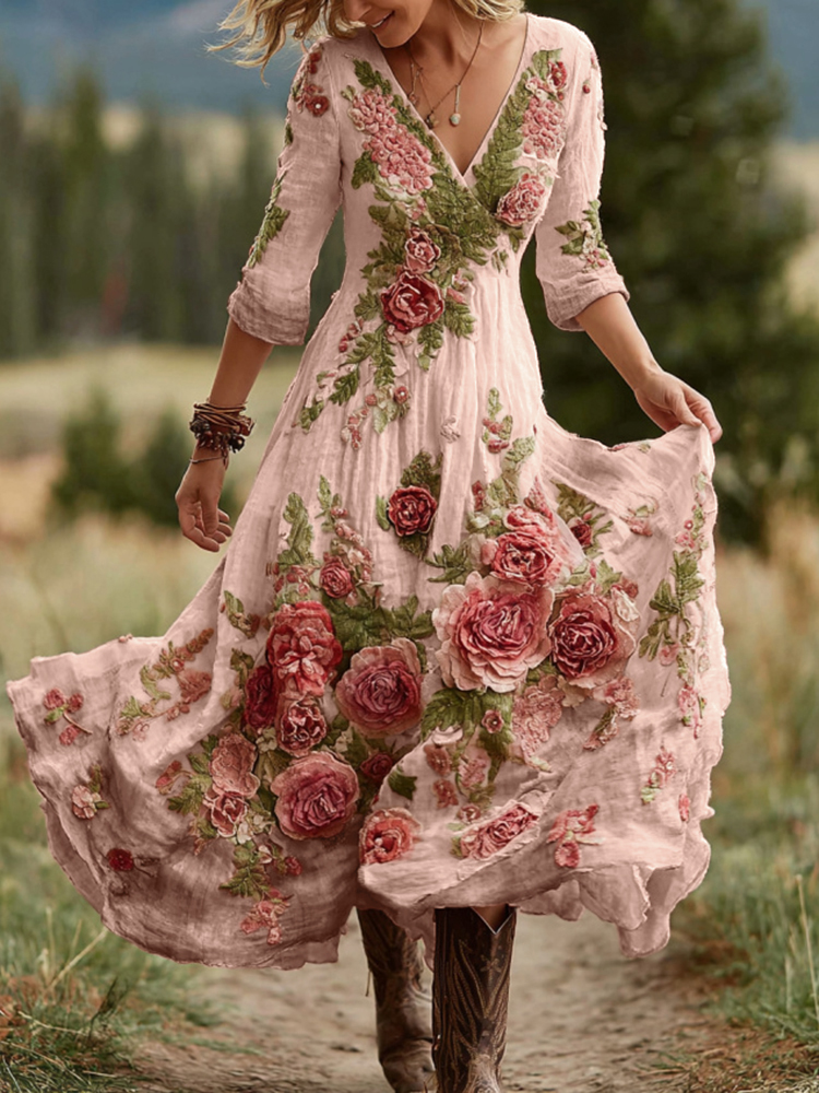 Women's Vintage Rose Floral Art V Neck Linen Blend Comfy Maxi Dress