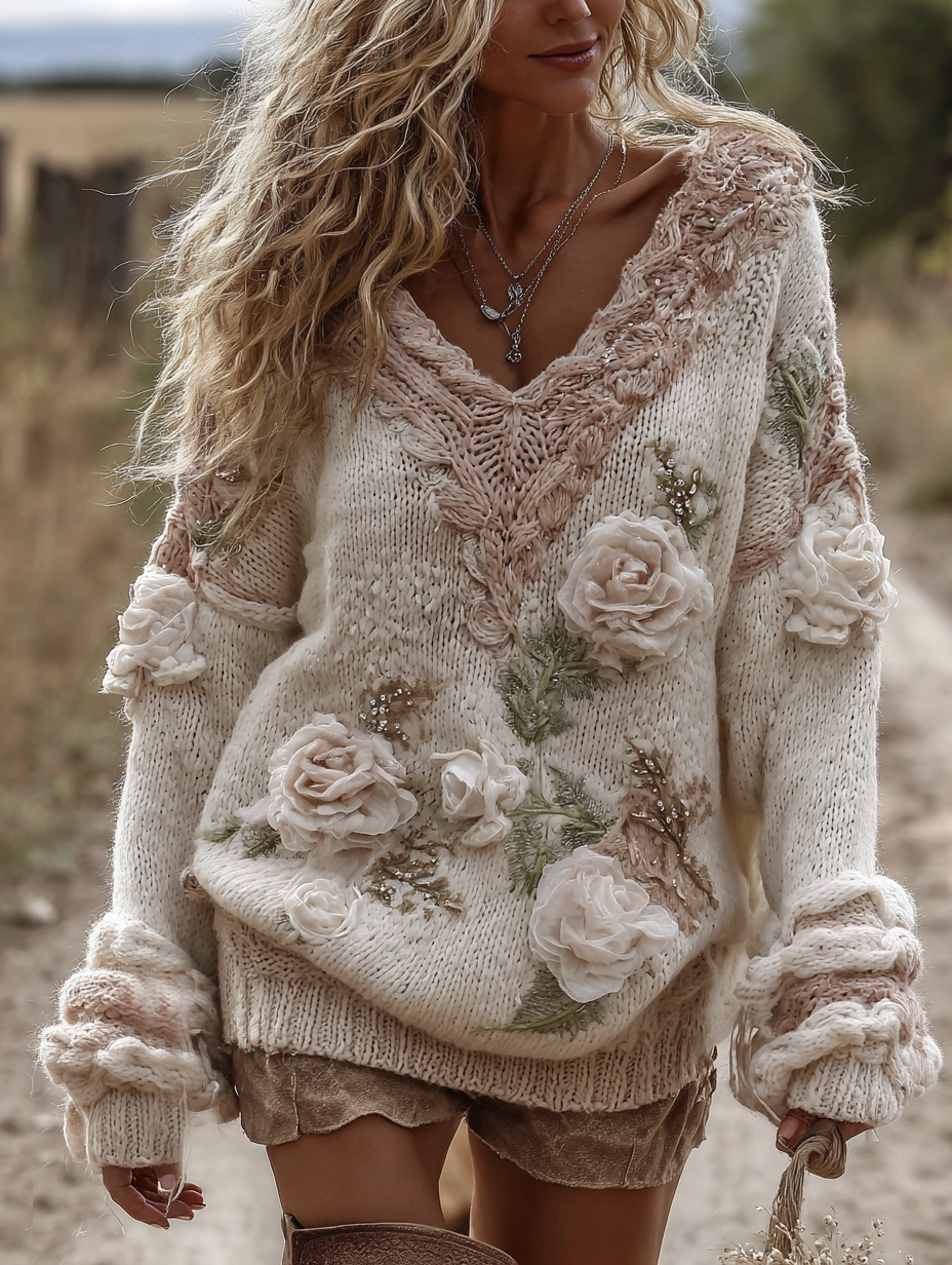 Women's Vintage Romantic White Rose Embroidery Art Long Sleeve V-neck Sweater