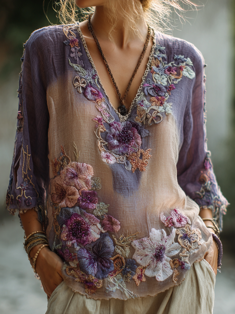 Women's Vintage Purple Floral Embroidery Art V-neck Shirt