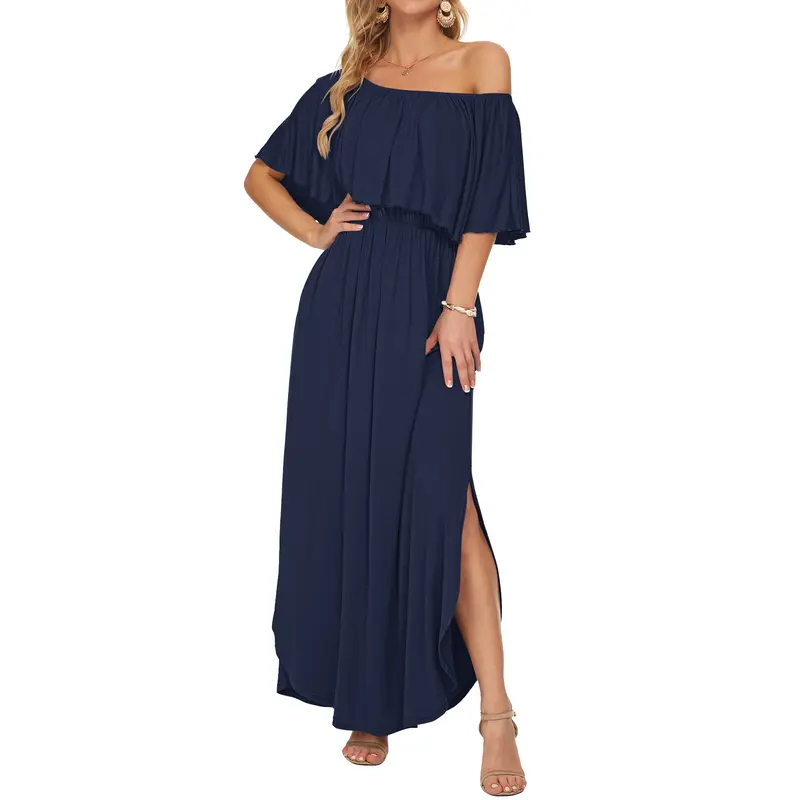 Women's Off The Shoulder Dress Wedding Guest Dress Summer Casual Long Ruffle Party Side Split Beach Maxi Dresses with Pockets