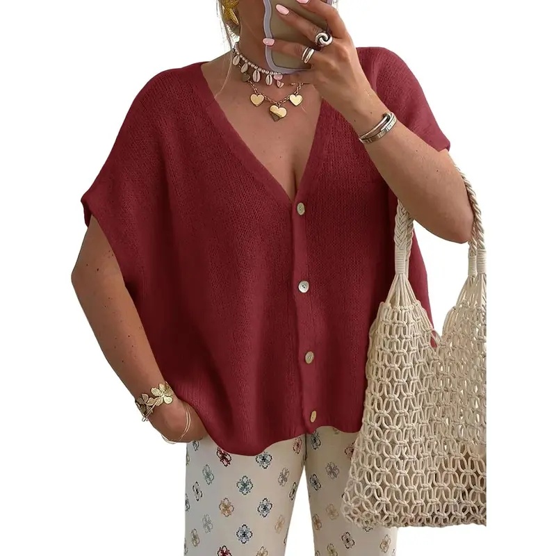 Womens Fall Oversized Cardigans Batwing Short Sleeve Lightweight Button V Neck Casual Knit Sweater Tops