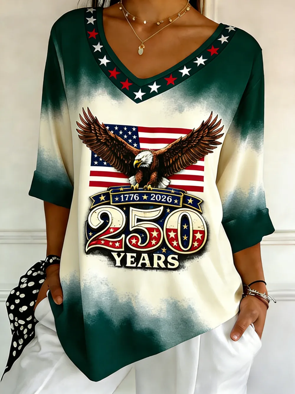 250 Years 1776-2026 Eagle Ombre V-Neck Top
