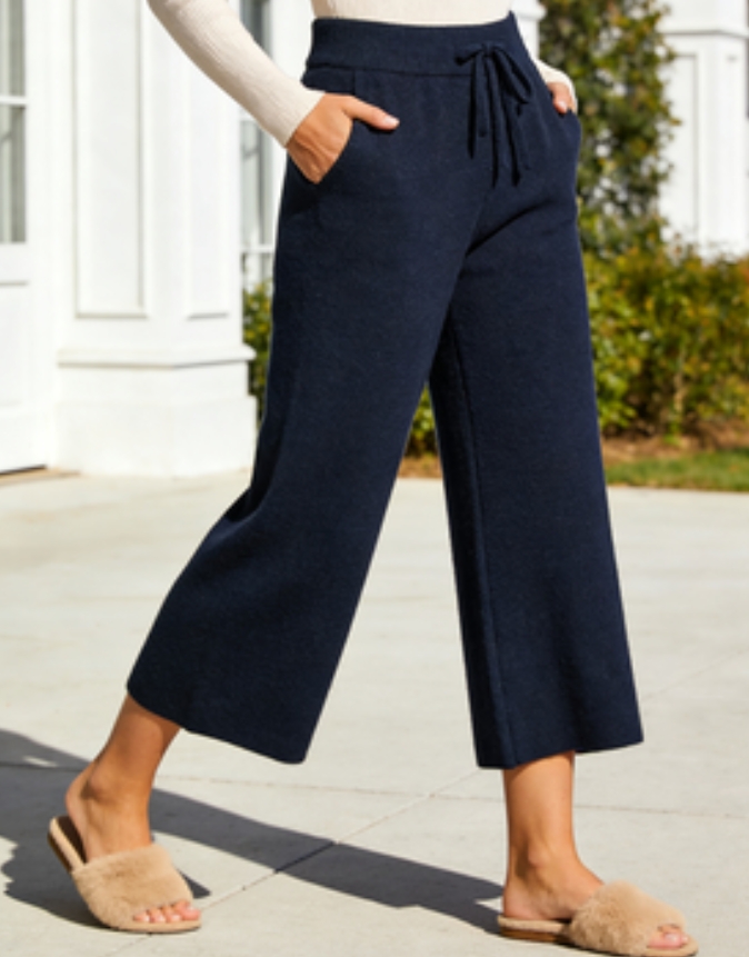 Cozy Brushed Knit Crop Wide-Leg Pants Navy Blue