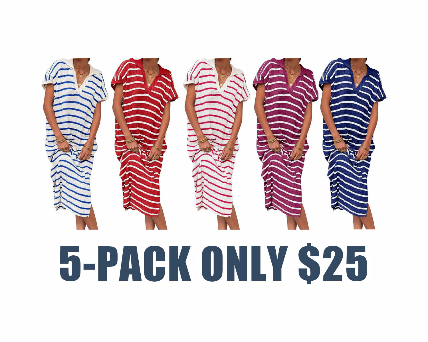 Women's Striped Summer Dress – V-Neck Short Sleeve Knit Collar Loose Maxi Dress with Slit