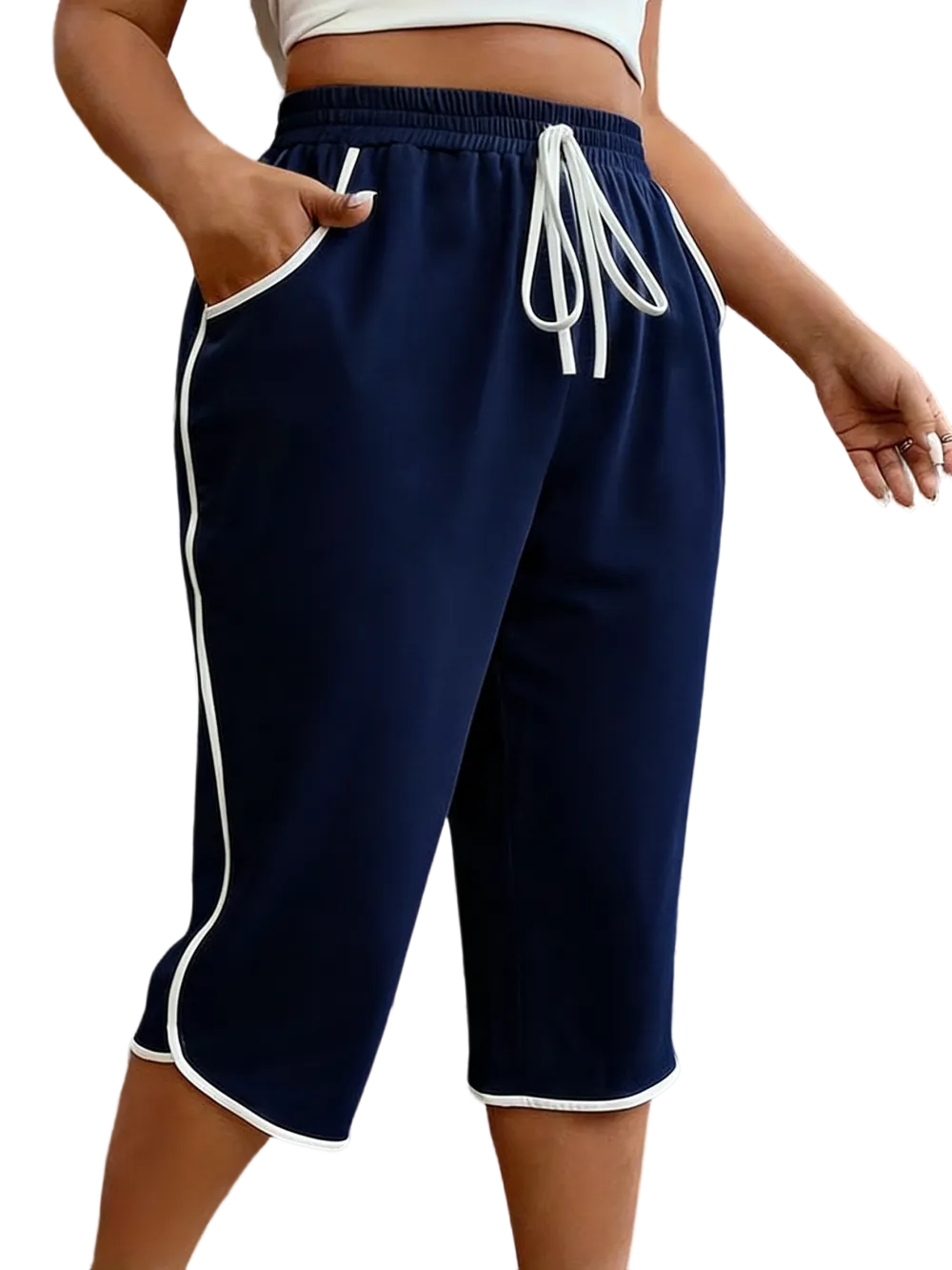 Women’s Plus Size Color Block Drawstring Capri Sports Pants