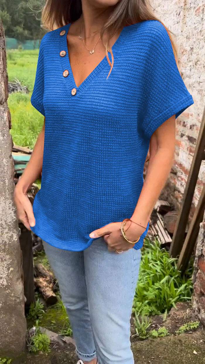 Women Summer Casual Knitted Cotton and Linen V-neck Top