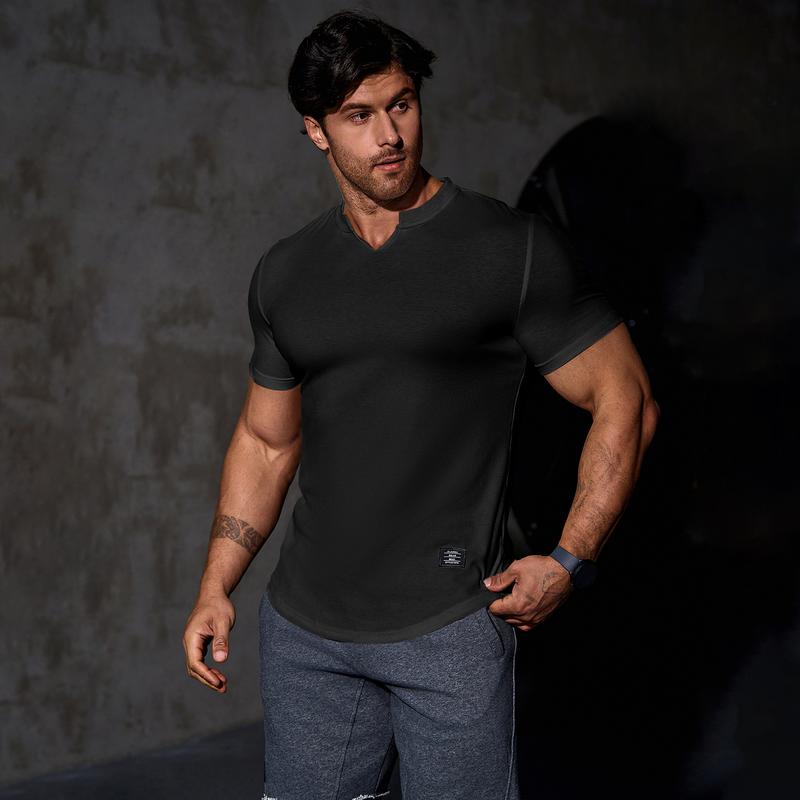Men's Plain Muscle Slim Fitted T Shirt Polyester V-Neck Longline Shirt