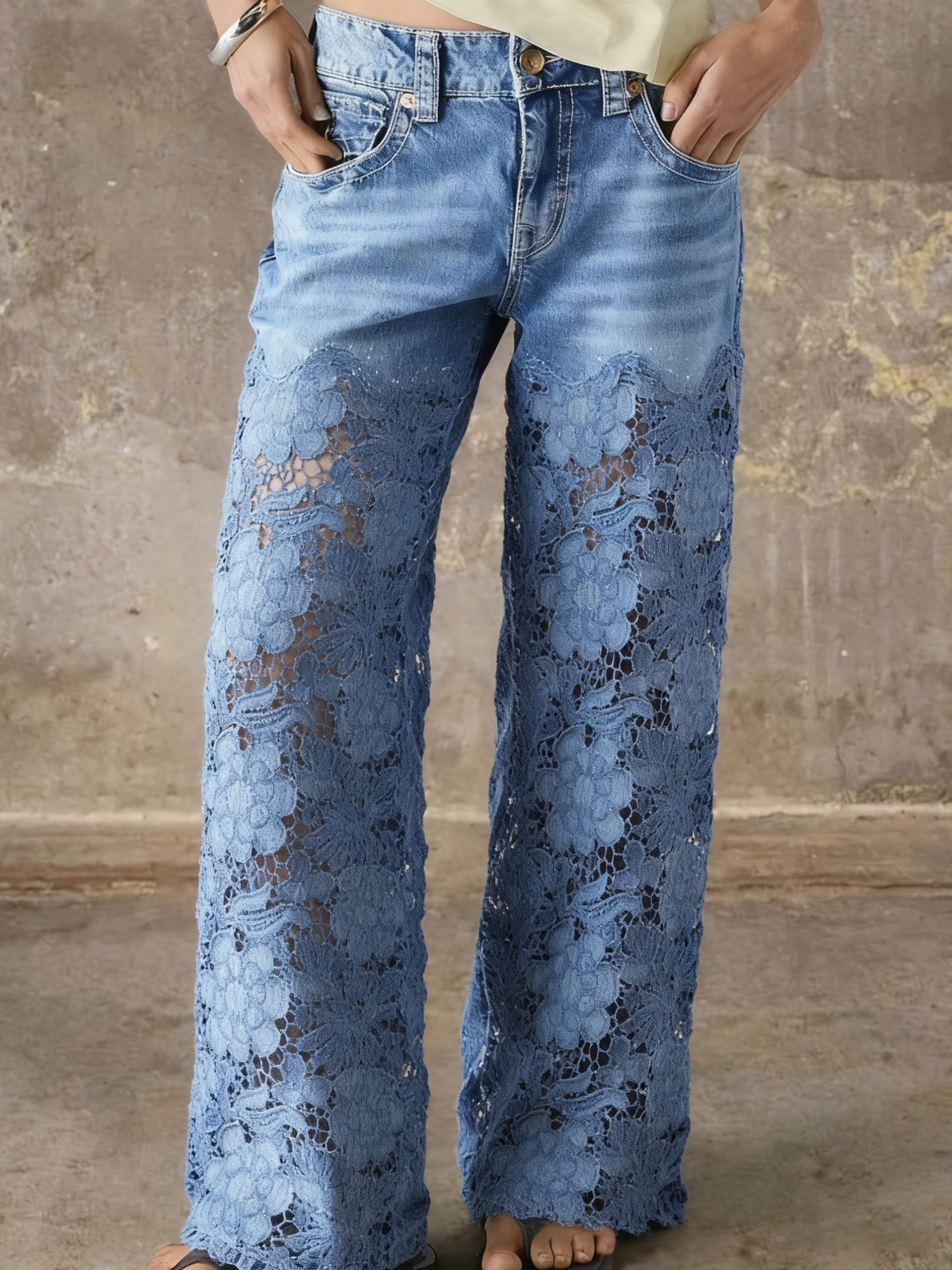 Women’s Stylish Lace-embellished Denim Pants