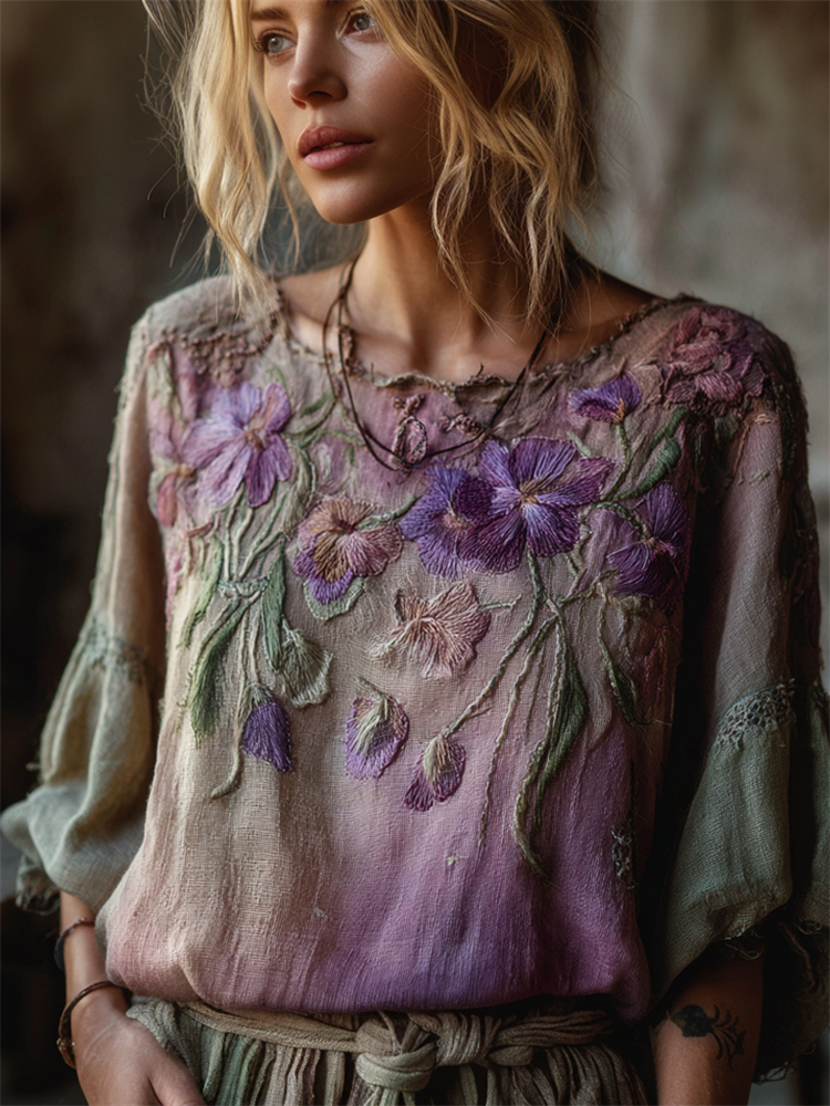Vintage Pansy Floral Forest Gradient Flowy Linen Tunic