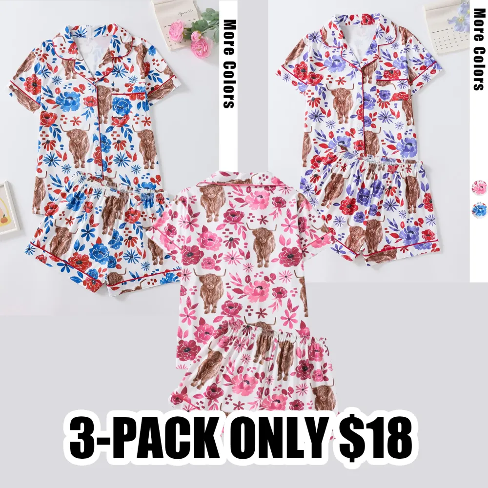 CozyCute Women's Floral & Cow Print Pajama Set – Short Sleeve Top & Shorts Sleepwear Two-Piece for Summer CozyCute