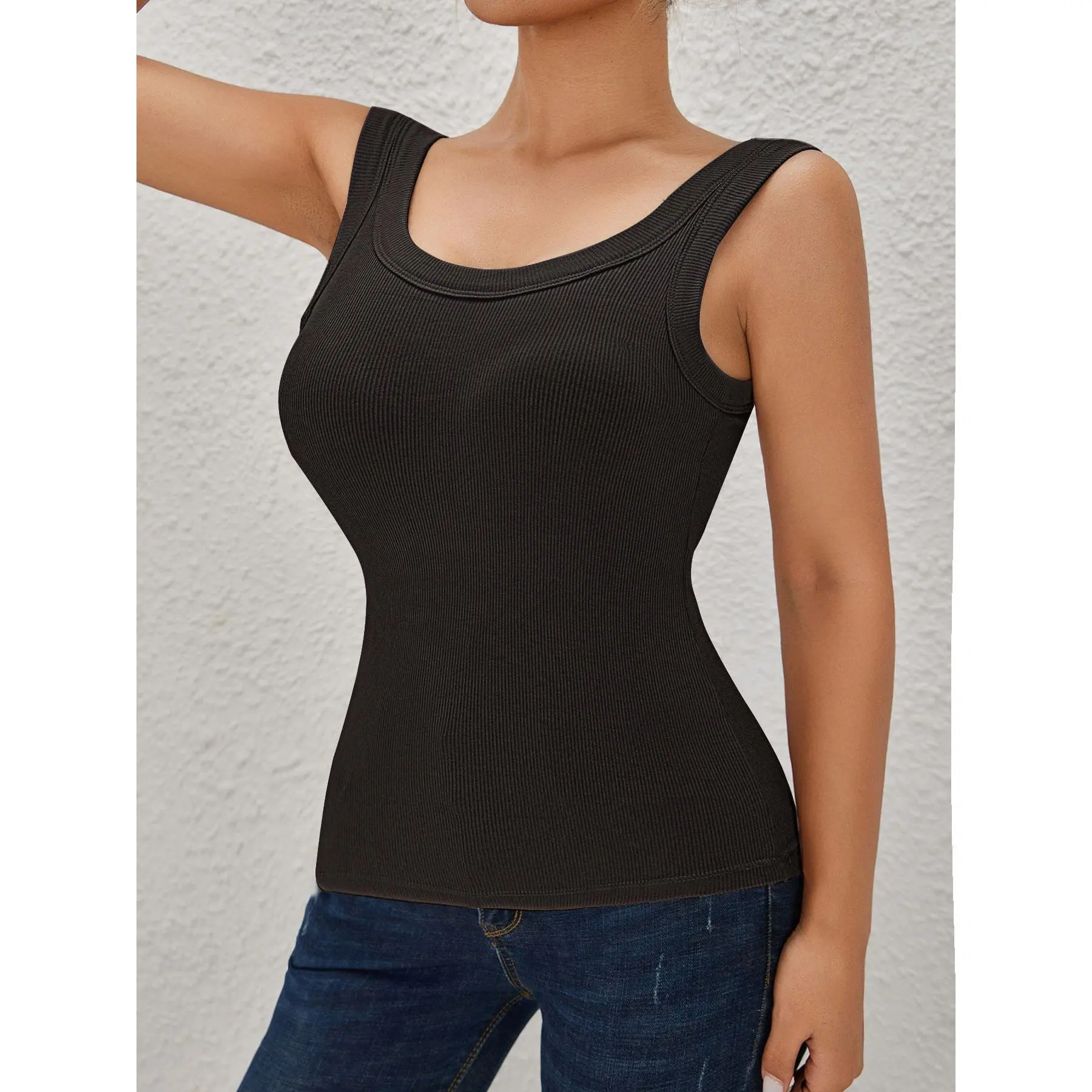 Ribbed Workout Tank Tops for Women with Built in Bra Tight Racerback Scoop Sports Tank Neck Athletic Top for Summer And All Seasons
