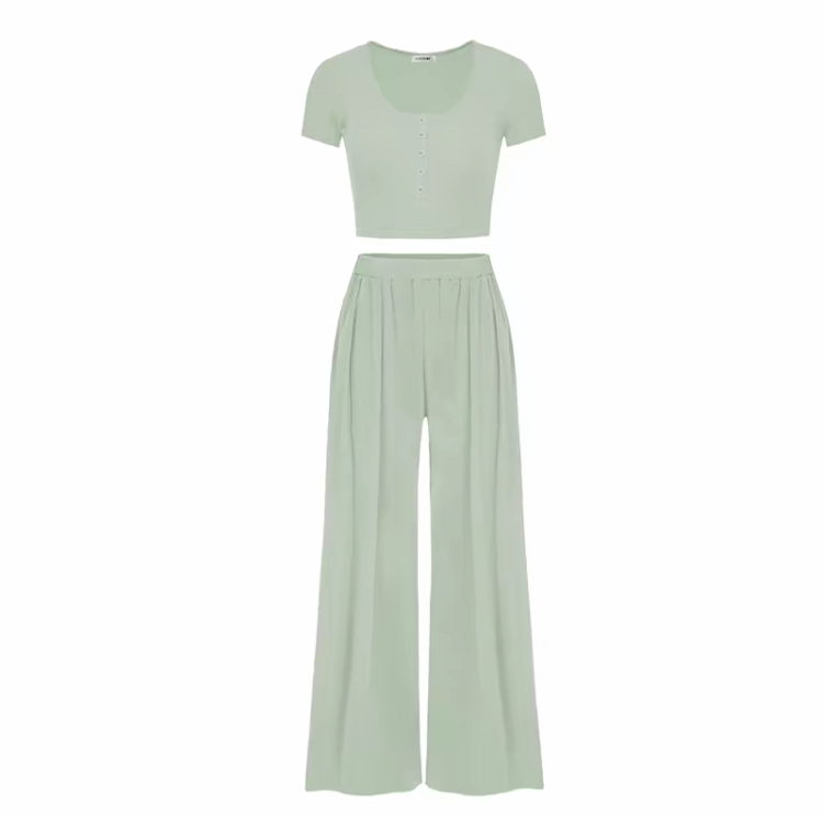 Women's Casual Co-ord Set – Slim Top & Wide Leg Pants