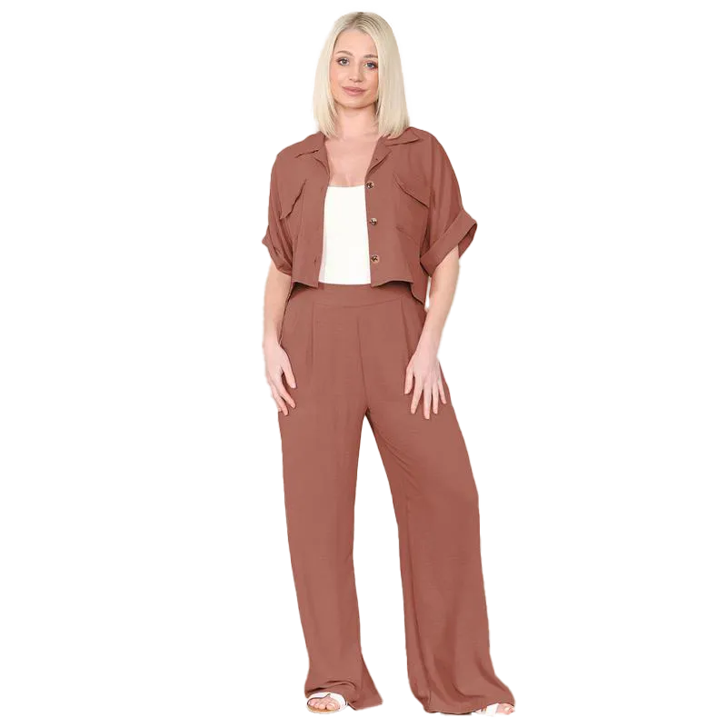 KatchMe Women's Casual Button Front Flap-Pocket Blouse & Wide Leg Trousers Co-ord Set – Crop Short Sleeve Shirt & High Waist Pants Two-Piece Se