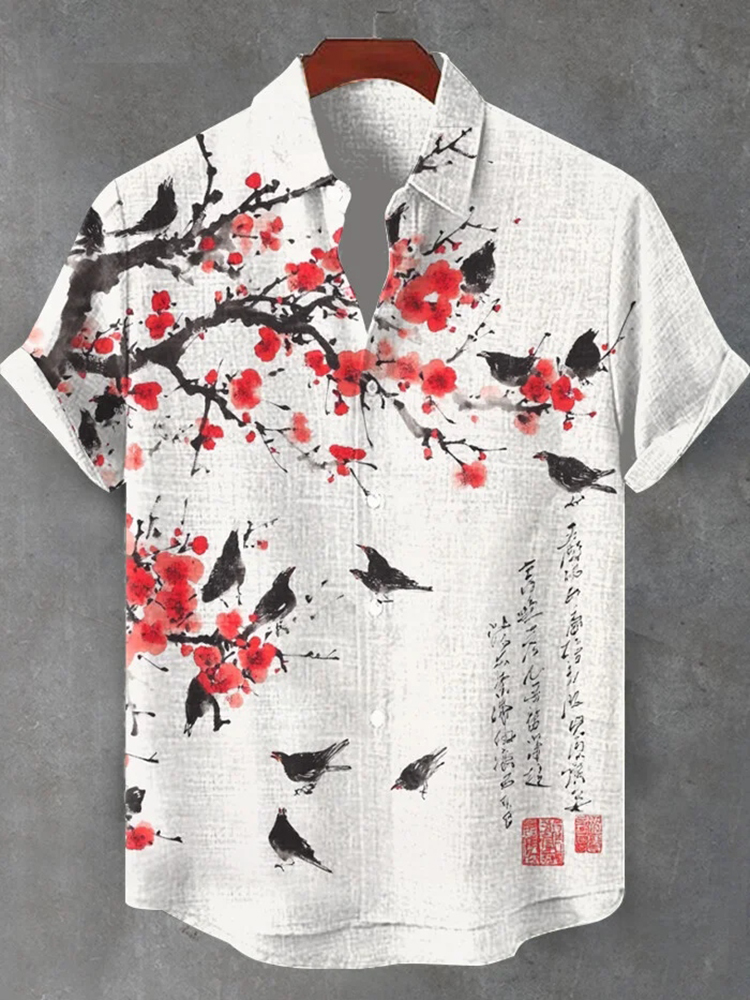 Men's Floral Bird Butterfly Art Print Short Sleeve Shirt