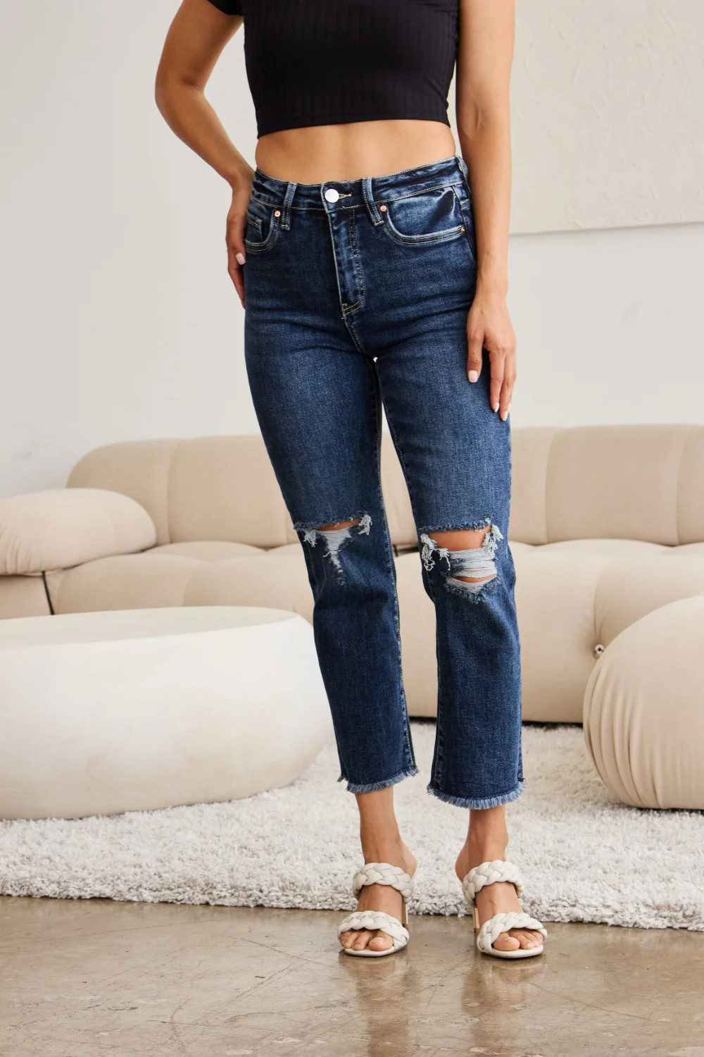 Crop Full Size Tummy Control Distressed High Waist Raw Hem Jeans