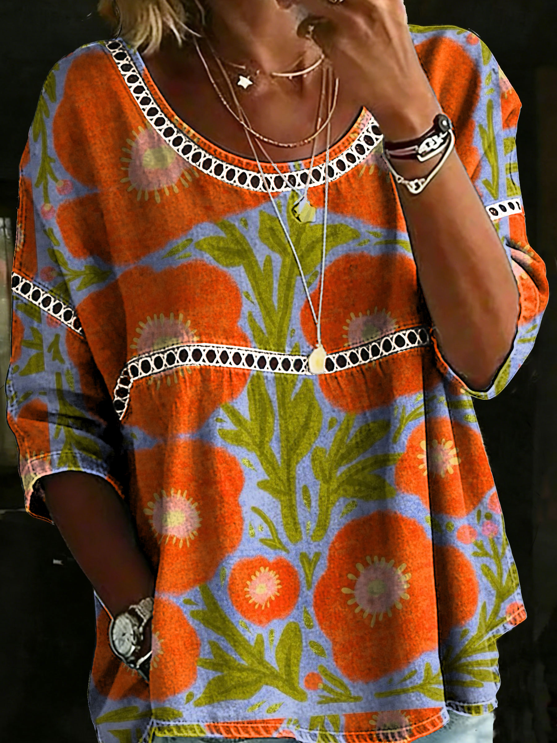 Women's Vintage Floral Casual Loose Denim Blouse Shirt