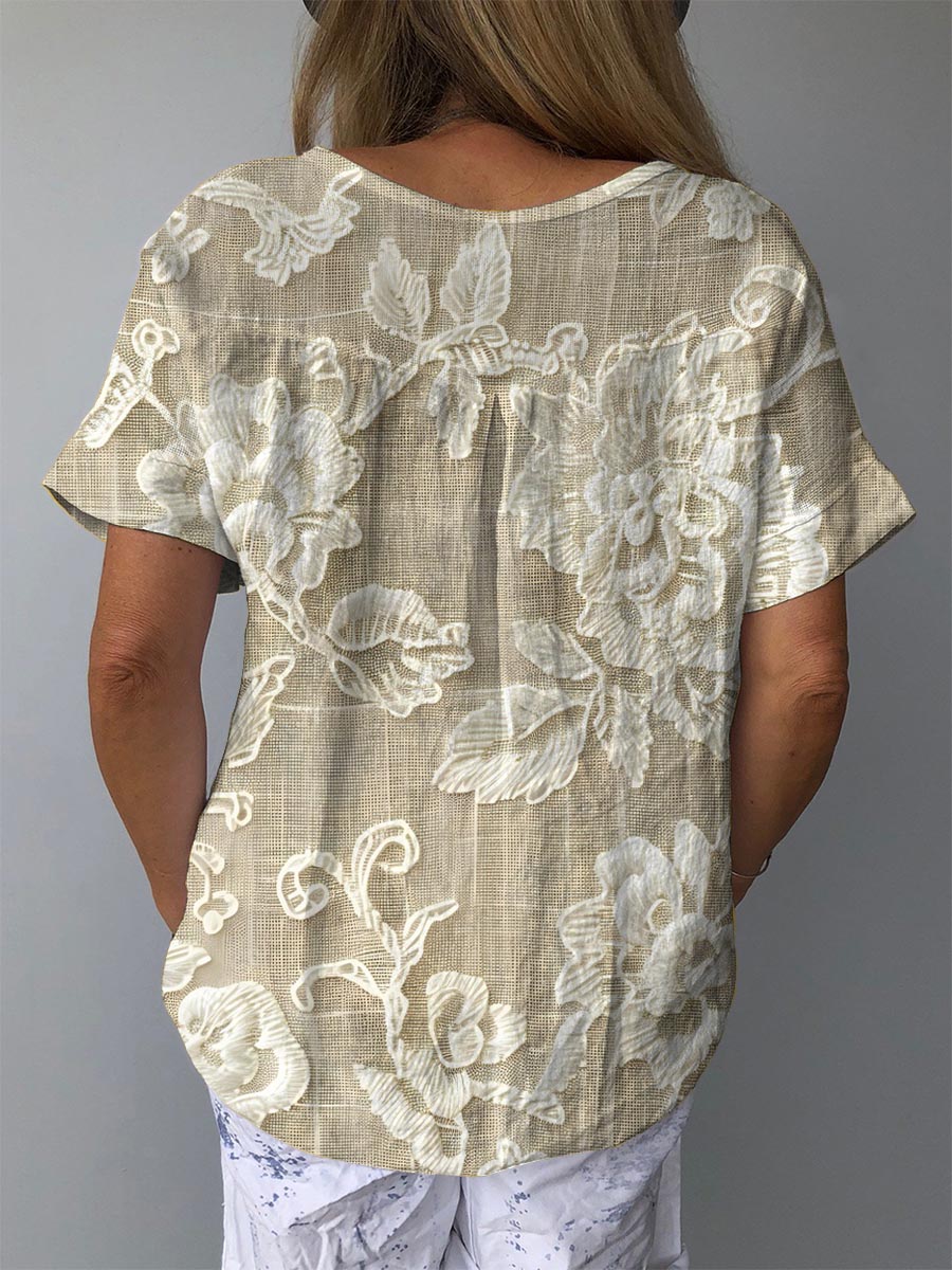 Women's Vintage Lovely Floral Art Print Casual Cotton And Linen Shirt