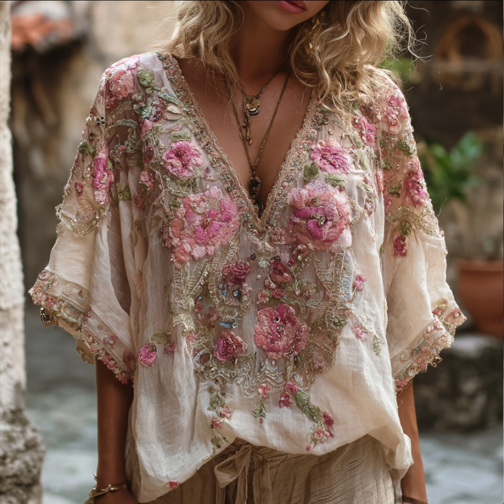Bohemian Style Romantic Rose Three-dimensional Embroidery Short Sleeved V-neck Vintage Top