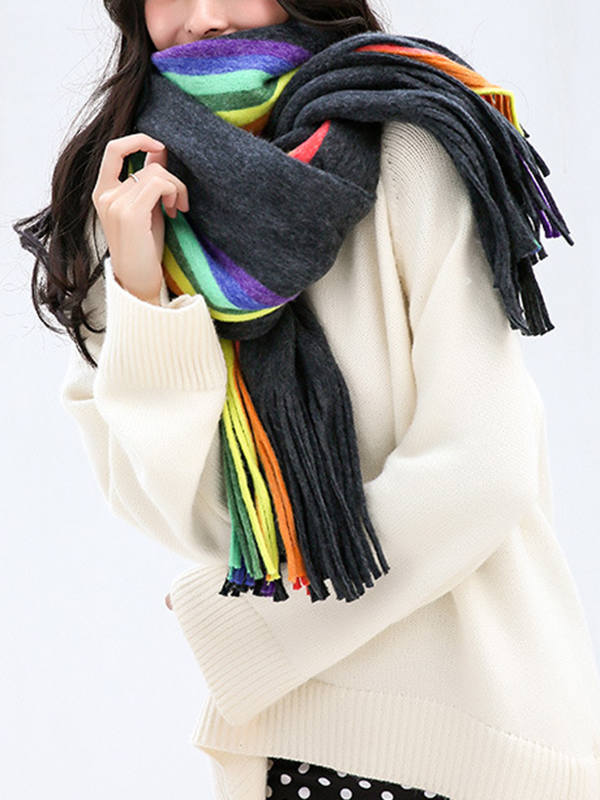 Contrast Color Keep Warm Multi-Colored Tasseled Scarf
