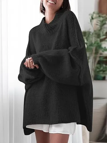 ✨Womens Oversized Mock Neck Batwing Long Sleeve Ribbed Knit Casual Tunic Sweater🔥
