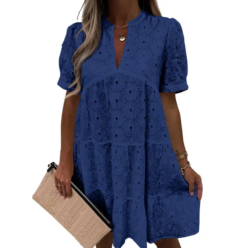 Women’s Summer Lace Dresses Eyelet Casual Flowy Babydoll Swing Short Sleeve V Neck Tunic Dress
