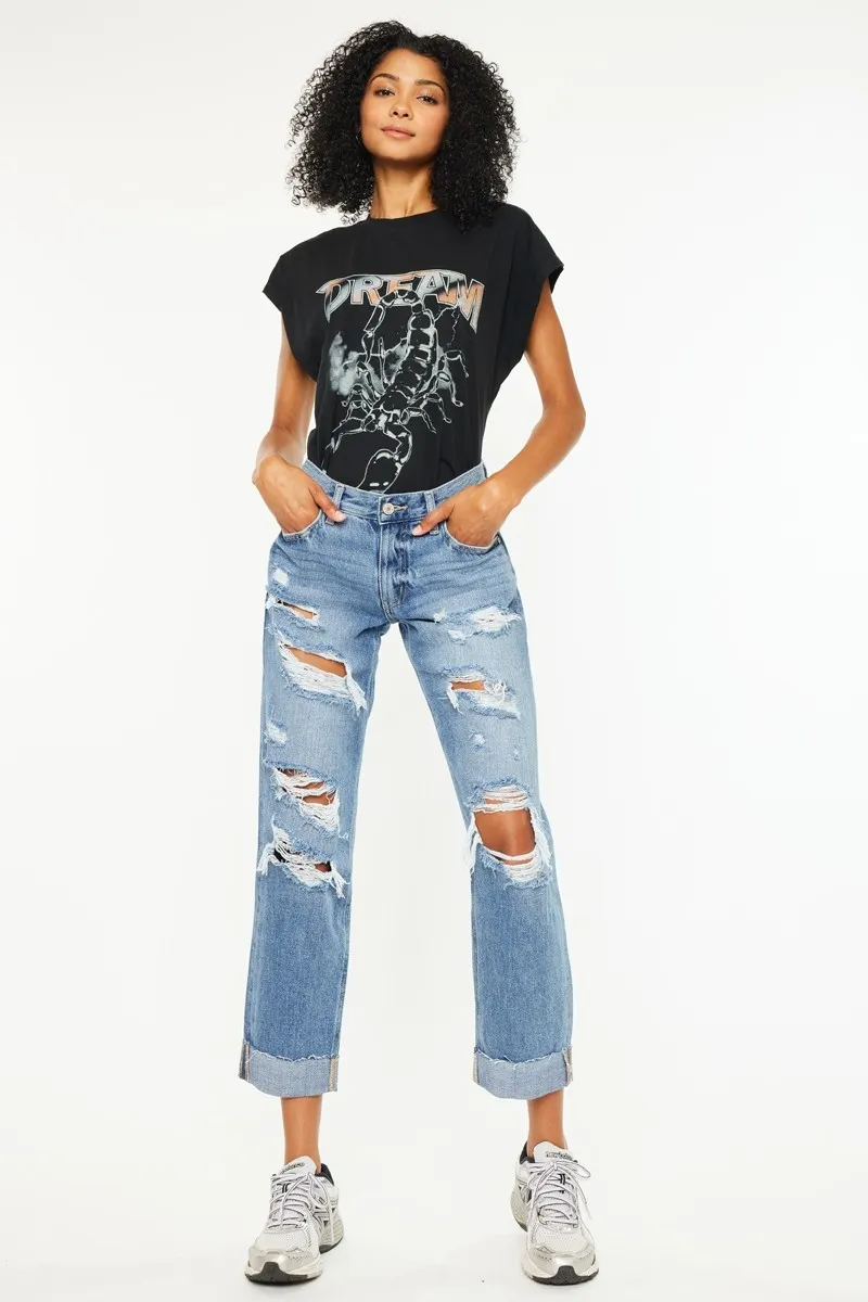 Mid Rise Distressed Boyfriend Fit Jeans