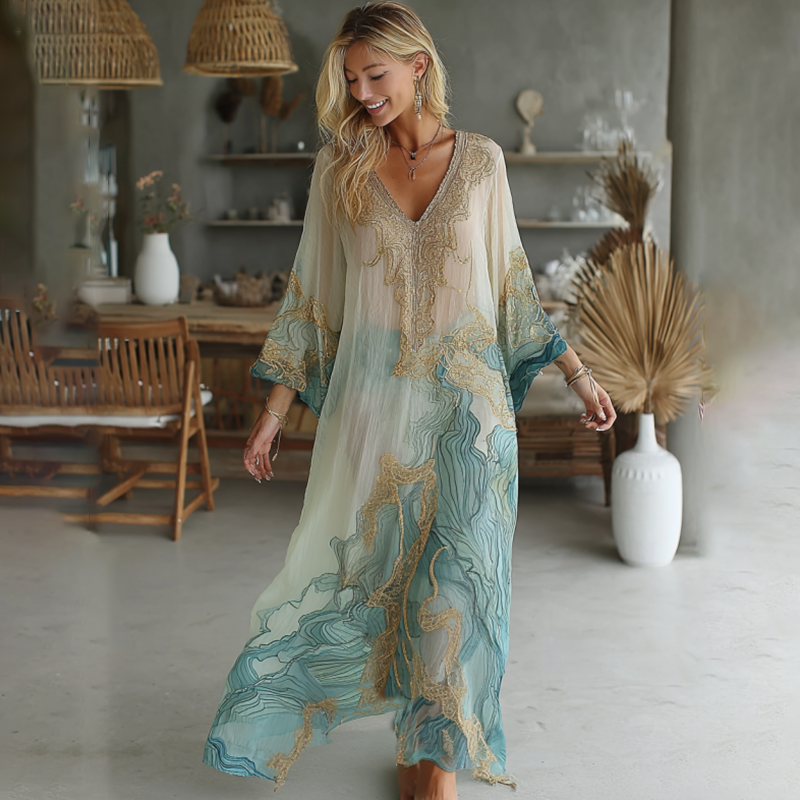 Vintage Marble Texture Collection Retro Bohemia Women Style Gradient Gilded Pattern Linen Maxi Dress
