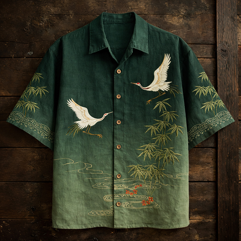 Men's Japanese-style Bamboo Cranes Pattern Linen Short-sleeved Shirt