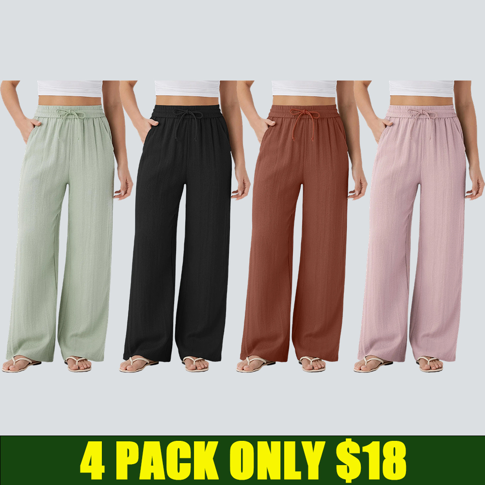 Women's High Waist Drawstring Wide Leg Linen-Feel Casual Pants with Pockets