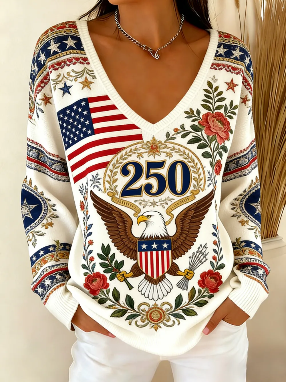 Women's 250Th Anniversary Flag Faith Bald Eagle Print V-Neck Knitted Shirt