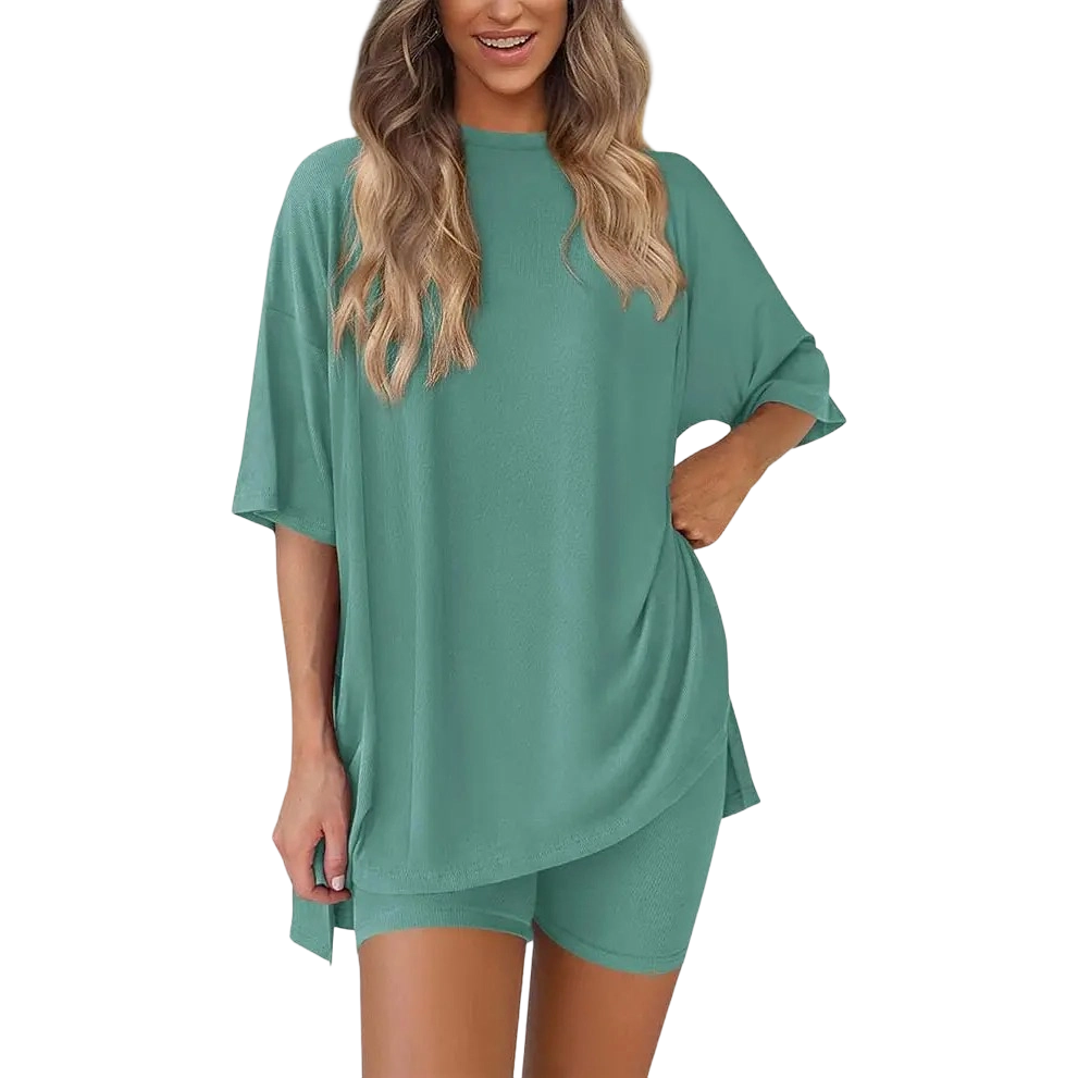 Two-Piece Set For Women Summer Casual Oversized Split Hem Shirts & Side Pocket Biker Shorts Minimalist Lounge Wear Soft Viscose Fabric