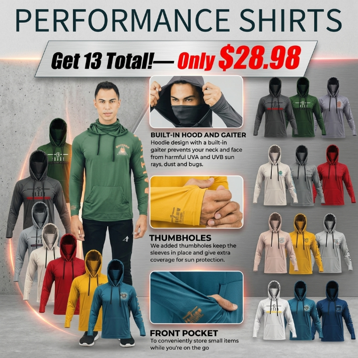 ⭐Men’s Hooded UPF 50 Work & Fishing Shirt with Built-In Face Gaiter