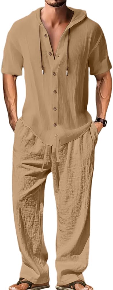 Men's Lightweight Hooded Two-Piece Set - Casual Vacation Loose Sweatshirt & Wide-Leg Pants for Summer