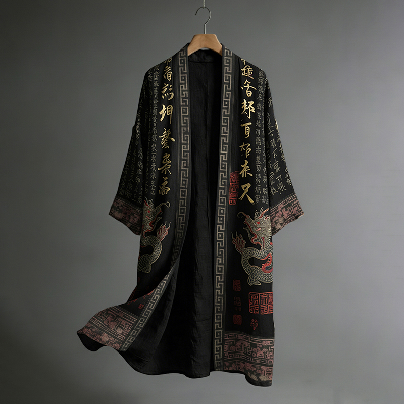 Men's Japanese Dragon Pattern Calligraphy And Painting Art Linen Long Kimono