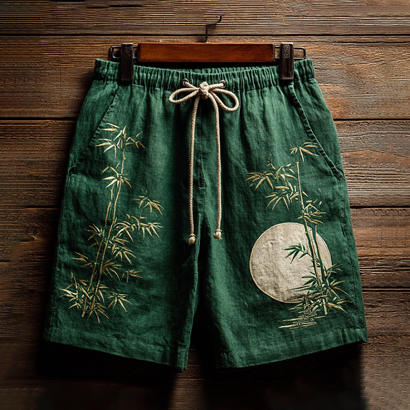 Japanese Bamboo Art Print Linen Blend Casual Shorts