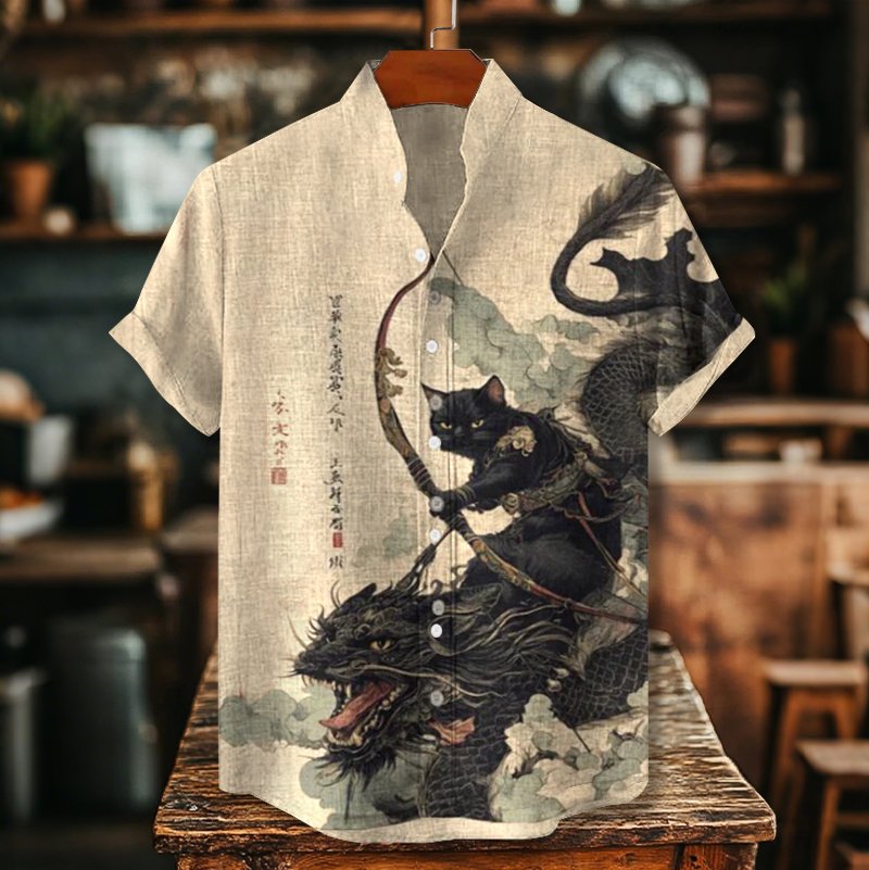 Vintage Black Cat Samurai Riding A Dragon Art Print Casual Cotton Shirt