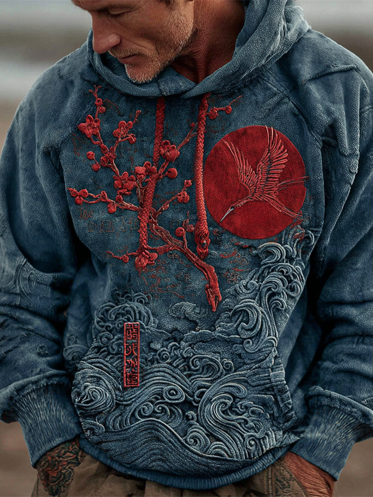 Japanese Plum & Ocean Art Men's Hooded Sweatshirt