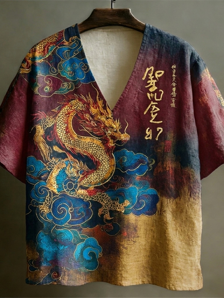 Men's Retro Japanese Dragon And Calligraphy Art Short-sleeve V-neck T-shirt