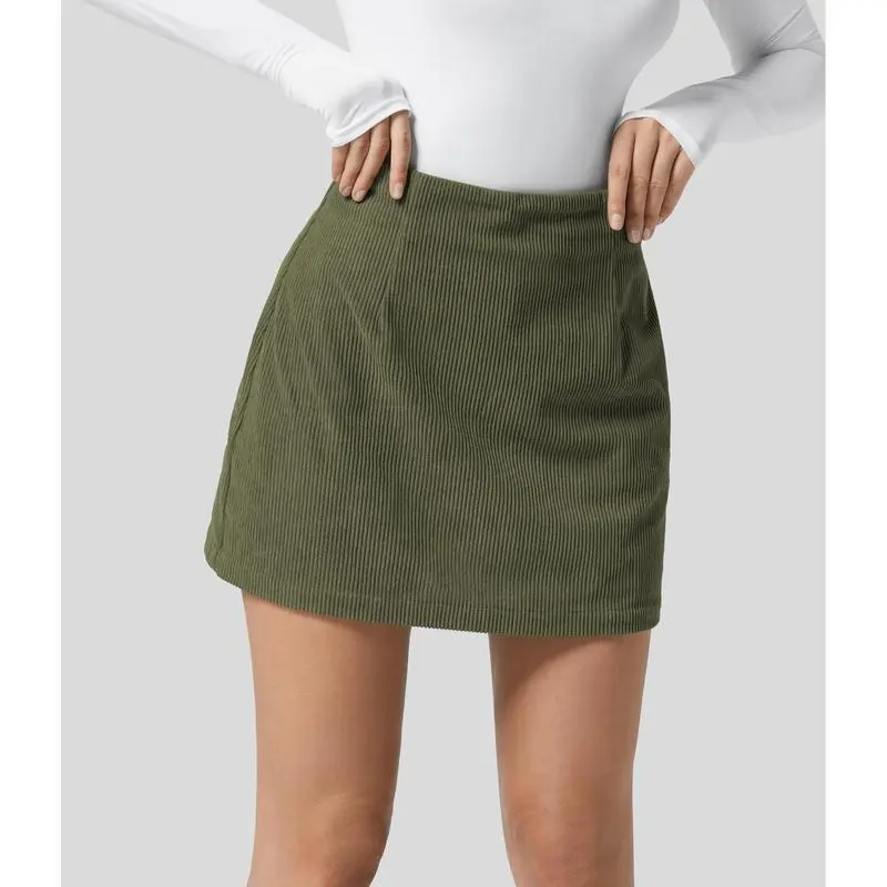 High Waisted Invisible Zipper 2-in-1 Mini A-line Corduroy Casual Skirt