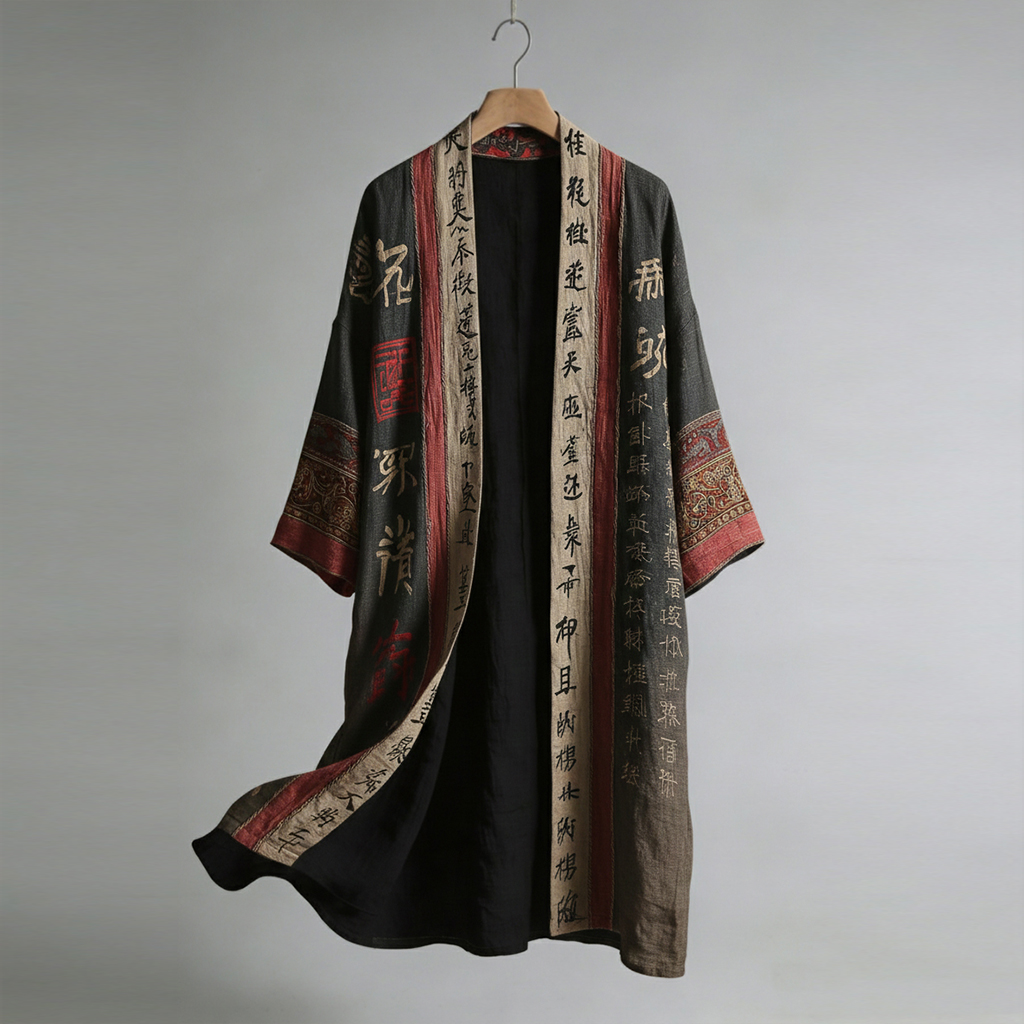 Men's Retro Calligraphy And Painting Art Linen Long Kimono