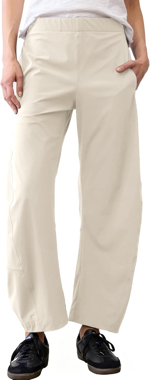 Women Barrel Travel Pants Elastic Waistband Tapered Leg Baggy Mid Rise Work Trousers Lounge Pant with Pockets