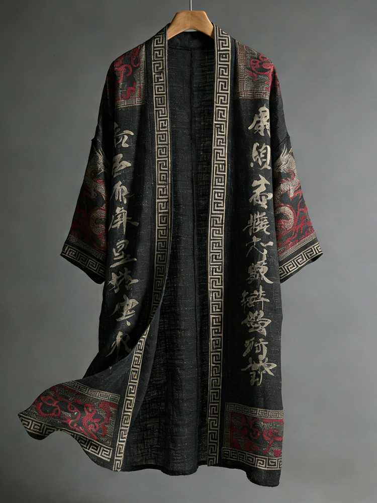 Men's Japanese Dragon Pattern Calligraphy And Painting Art Linen Long Kimono