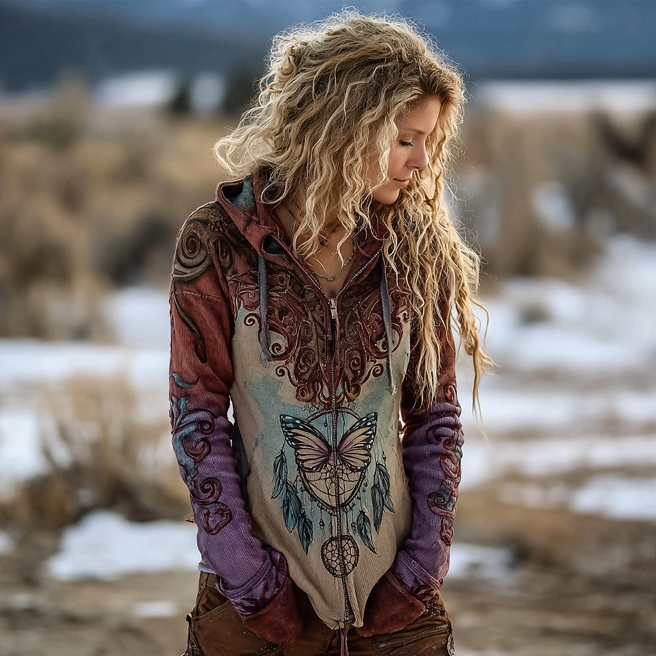 Bohemian Style Dream Catcher Pattern Design Women's Hooded Sweater Coat
